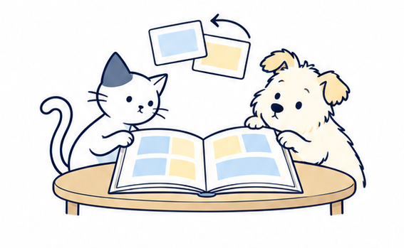 Original cat and dog illustration for Good questions. Clear answers.