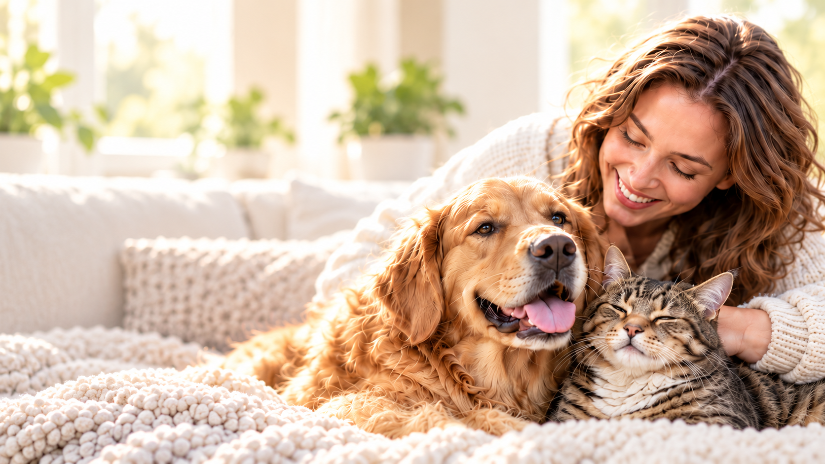 AI-generated lifestyle concept: a woman with a golden retriever and tabby cat relaxing together at home